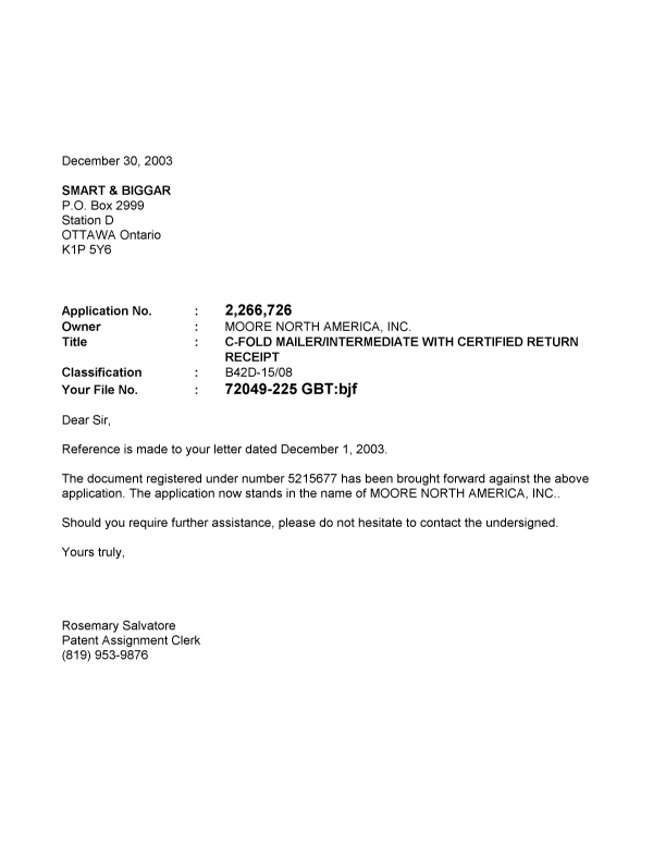 Document de brevet canadien 2266726. Correspondance 20031230. Image 1 de 1