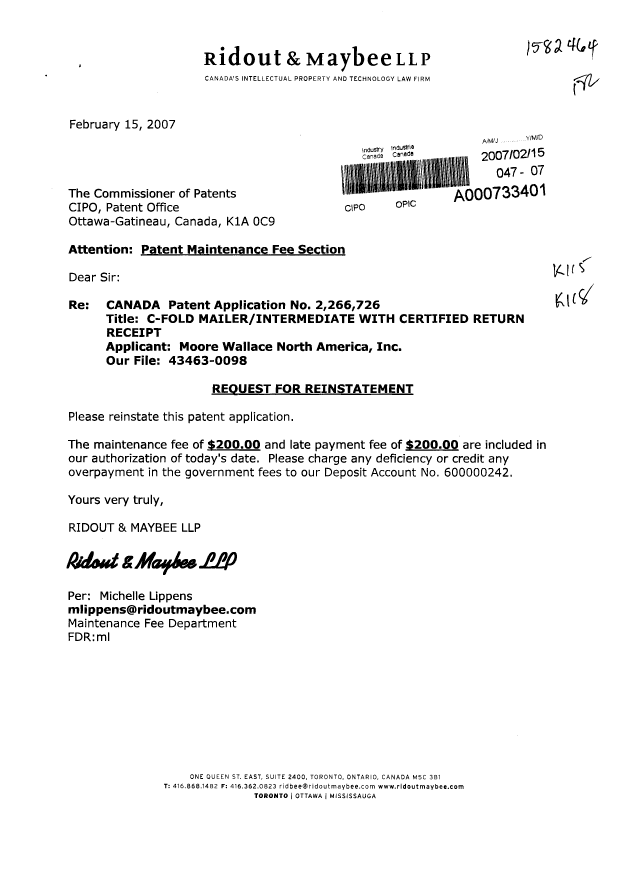 Canadian Patent Document 2266726. Fees 20070215. Image 1 of 1