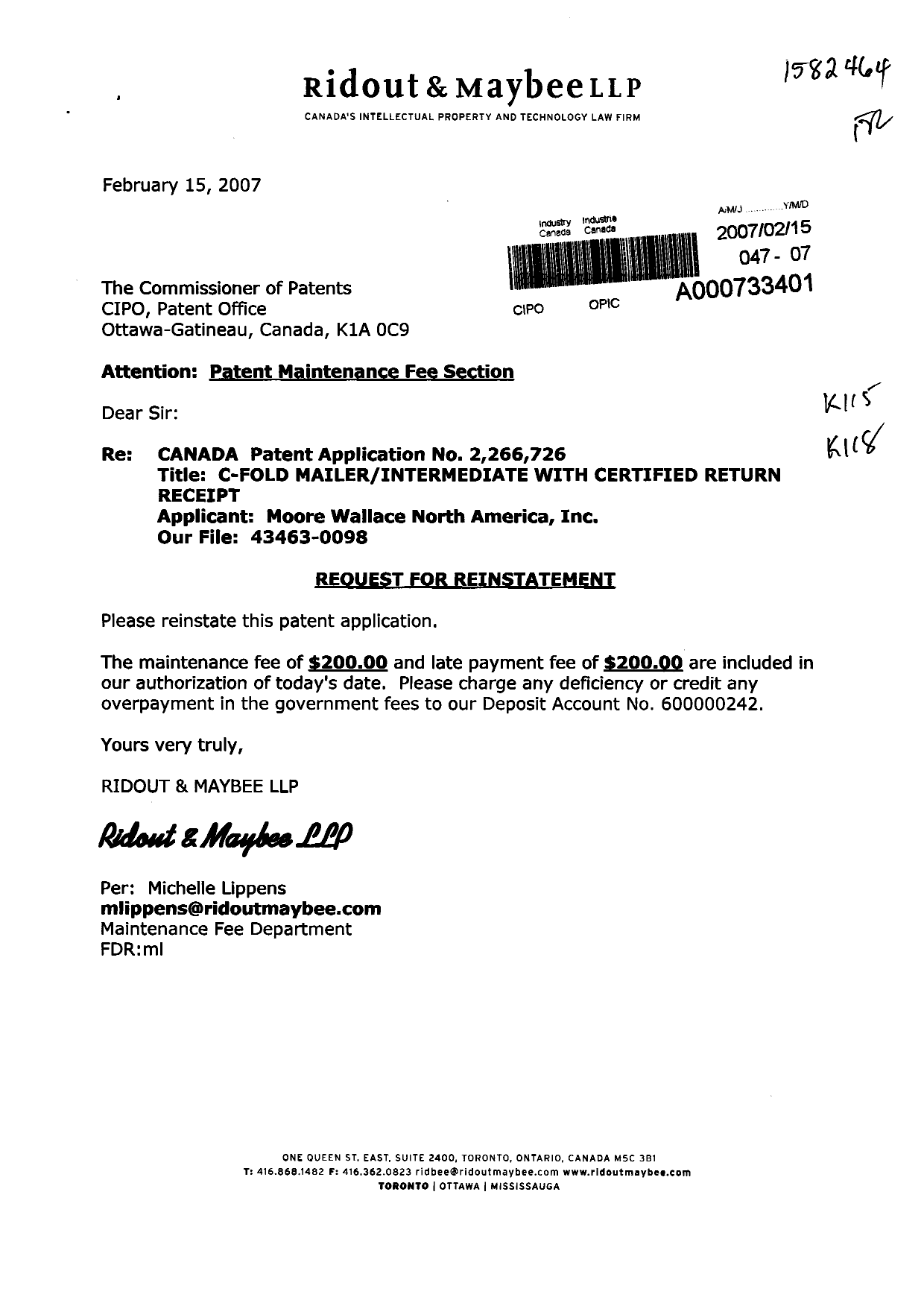 Canadian Patent Document 2266726. Fees 20070215. Image 1 of 1