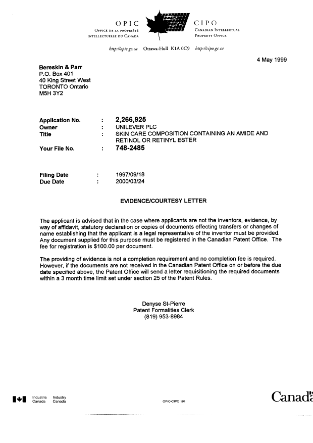 Canadian Patent Document 2266925. Correspondence 19990504. Image 1 of 1