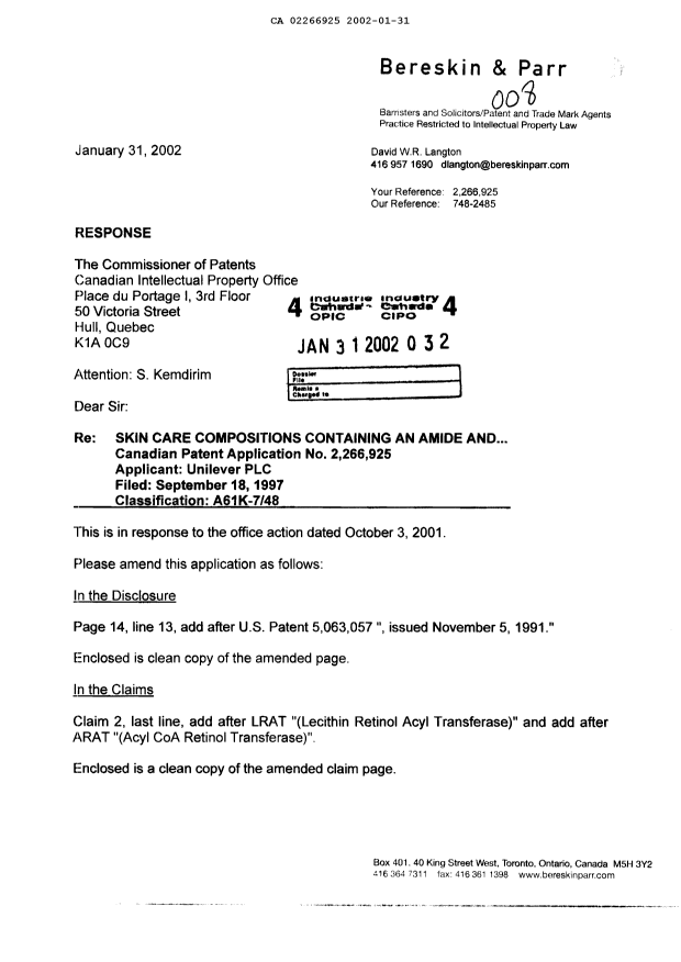 Canadian Patent Document 2266925. Prosecution-Amendment 20020131. Image 1 of 5