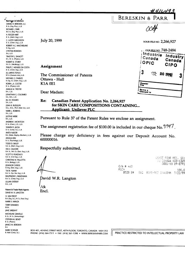 Document de brevet canadien 2266927. Cession 19990720. Image 1 de 3