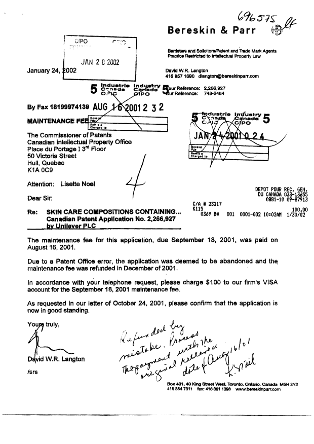 Document de brevet canadien 2266927. Taxes 20010816. Image 1 de 3