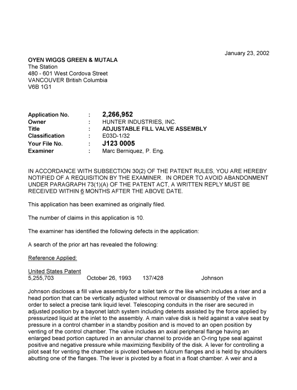 Canadian Patent Document 2266952. Prosecution-Amendment 20020123. Image 1 of 3