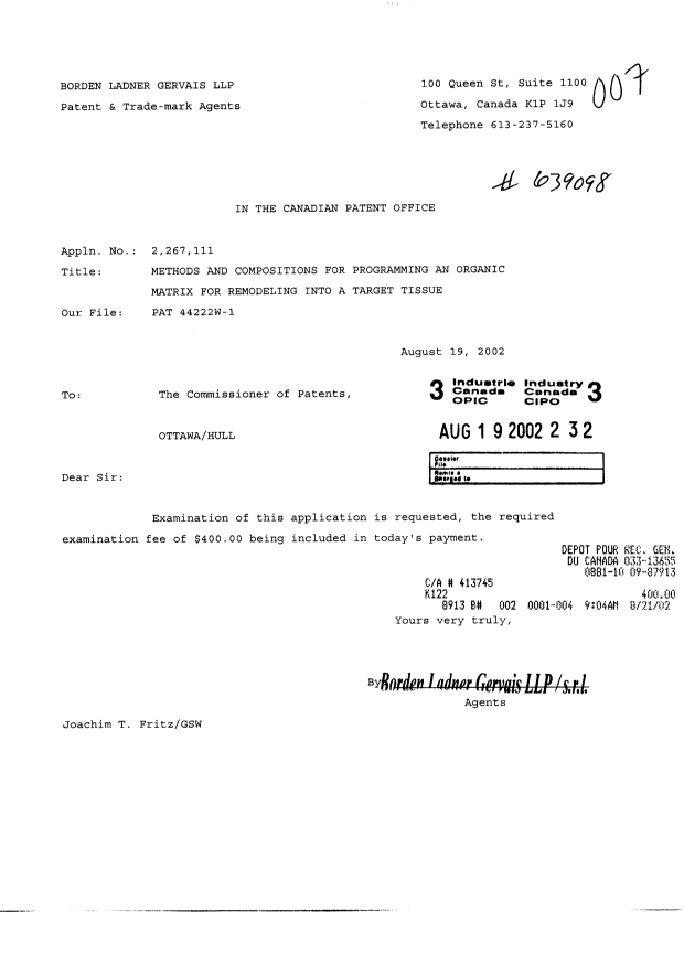 Canadian Patent Document 2267111. Prosecution-Amendment 20020819. Image 1 of 1