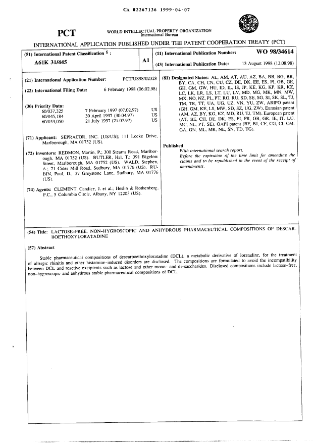 Canadian Patent Document 2267136. Abstract 19990407. Image 1 of 1