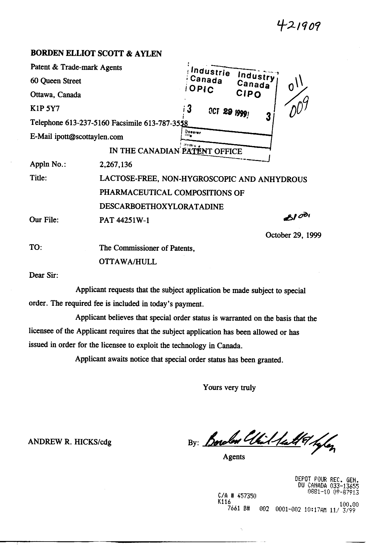 Canadian Patent Document 2267136. Prosecution-Amendment 19991029. Image 1 of 1