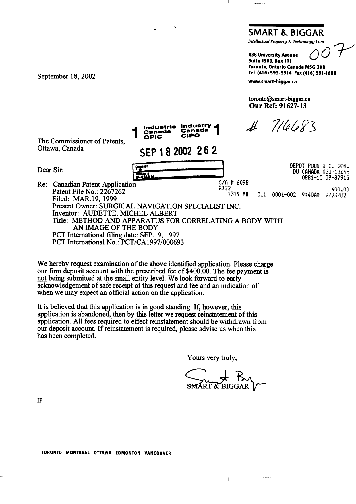 Canadian Patent Document 2267262. Prosecution-Amendment 20020918. Image 1 of 1