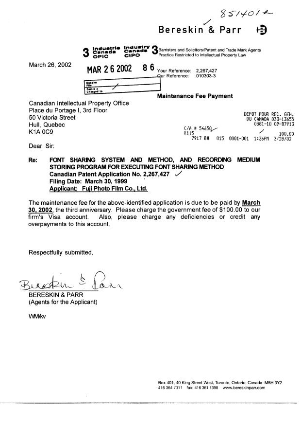 Document de brevet canadien 2267427. Taxes 20020326. Image 1 de 1