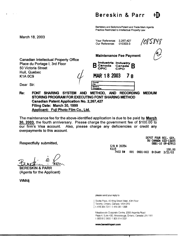 Document de brevet canadien 2267427. Taxes 20030318. Image 1 de 1