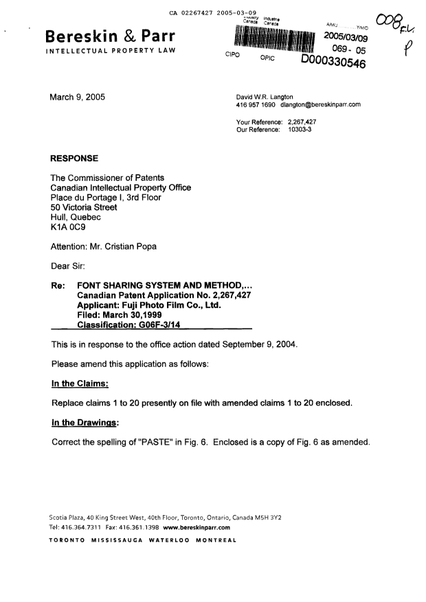 Document de brevet canadien 2267427. Poursuite-Amendment 20050309. Image 1 de 17