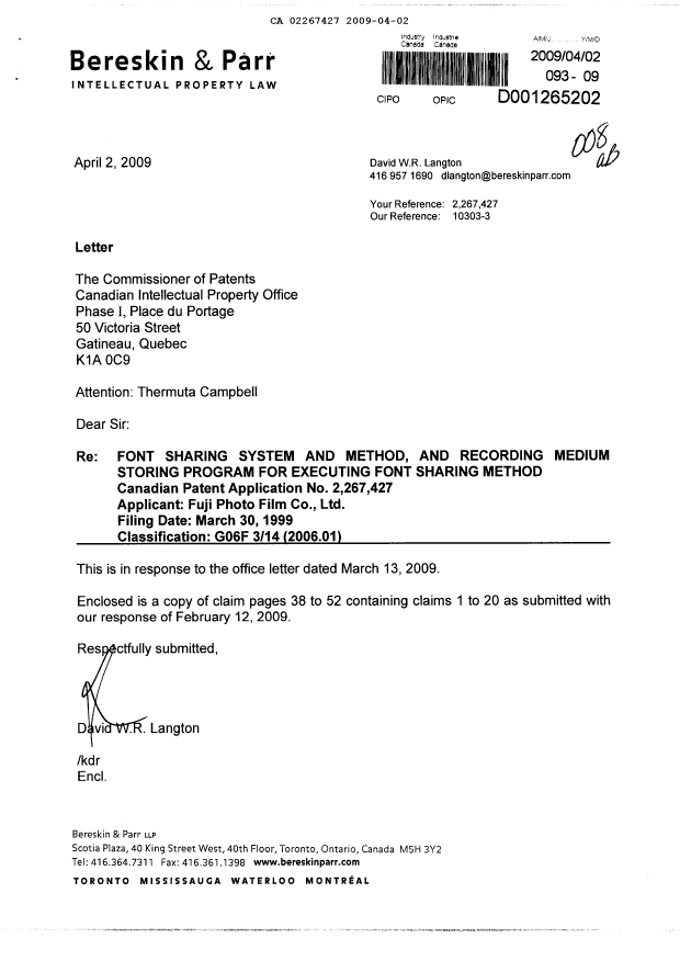 Canadian Patent Document 2267427. Prosecution-Amendment 20090402. Image 1 of 16