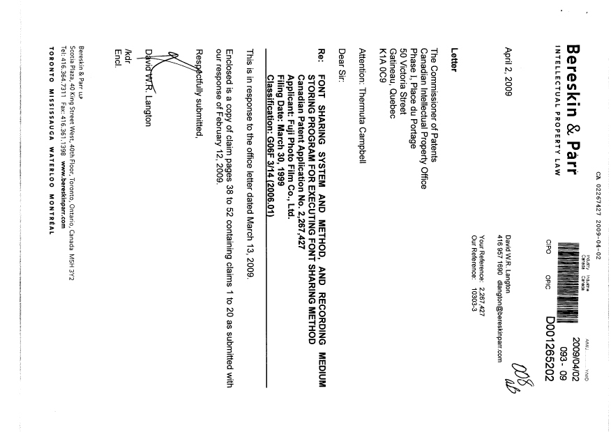 Canadian Patent Document 2267427. Prosecution-Amendment 20090402. Image 1 of 16