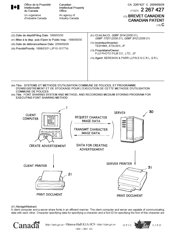 Document de brevet canadien 2267427. Page couverture 20090901. Image 1 de 2