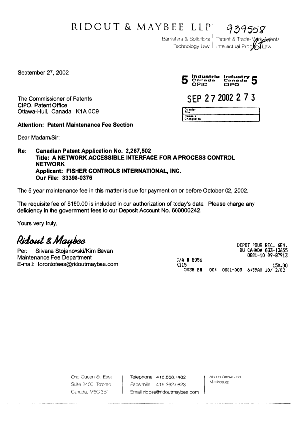 Document de brevet canadien 2267502. Taxes 20020927. Image 1 de 1