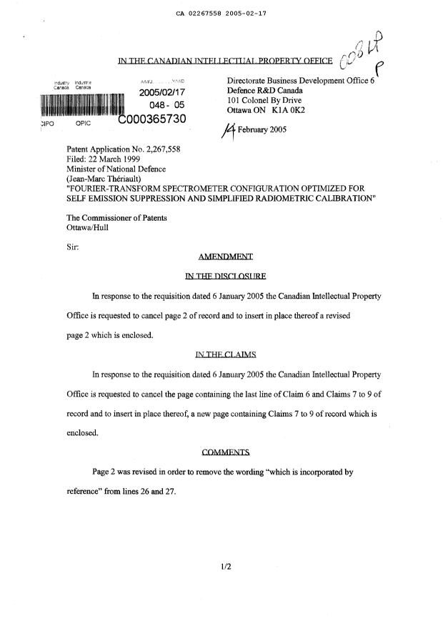 Canadian Patent Document 2267558. Prosecution-Amendment 20050217. Image 1 of 4