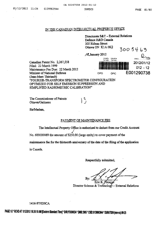 Document de brevet canadien 2267558. Taxes 20120112. Image 1 de 1