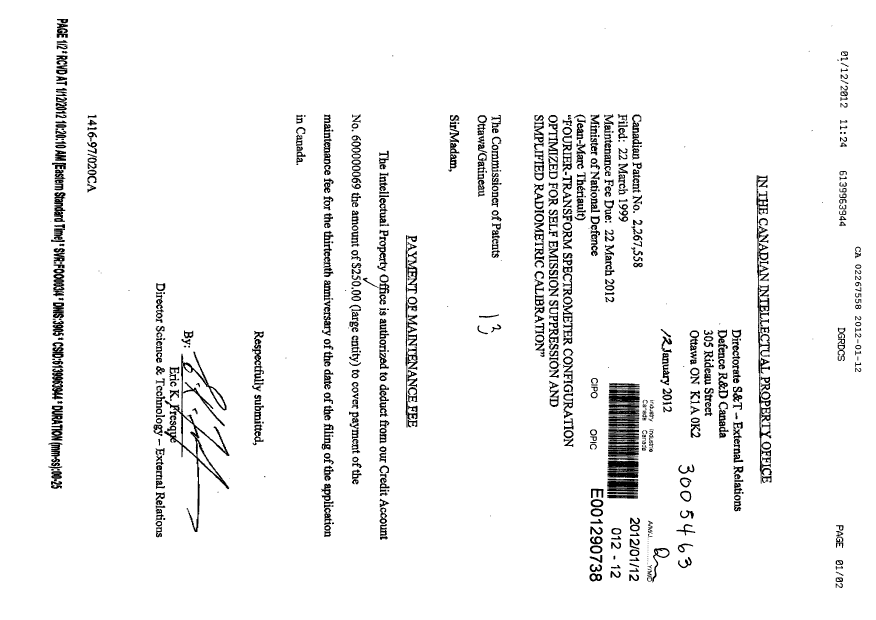 Canadian Patent Document 2267558. Fees 20120112. Image 1 of 1