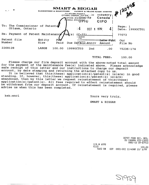 Document de brevet canadien 2268128. Taxes 19991001. Image 1 de 1