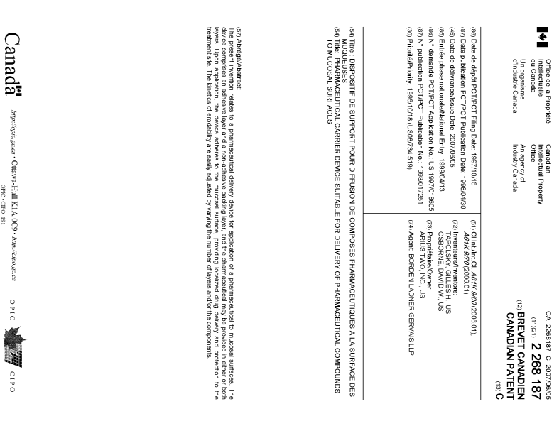 Document de brevet canadien 2268187. Page couverture 20061215. Image 1 de 1