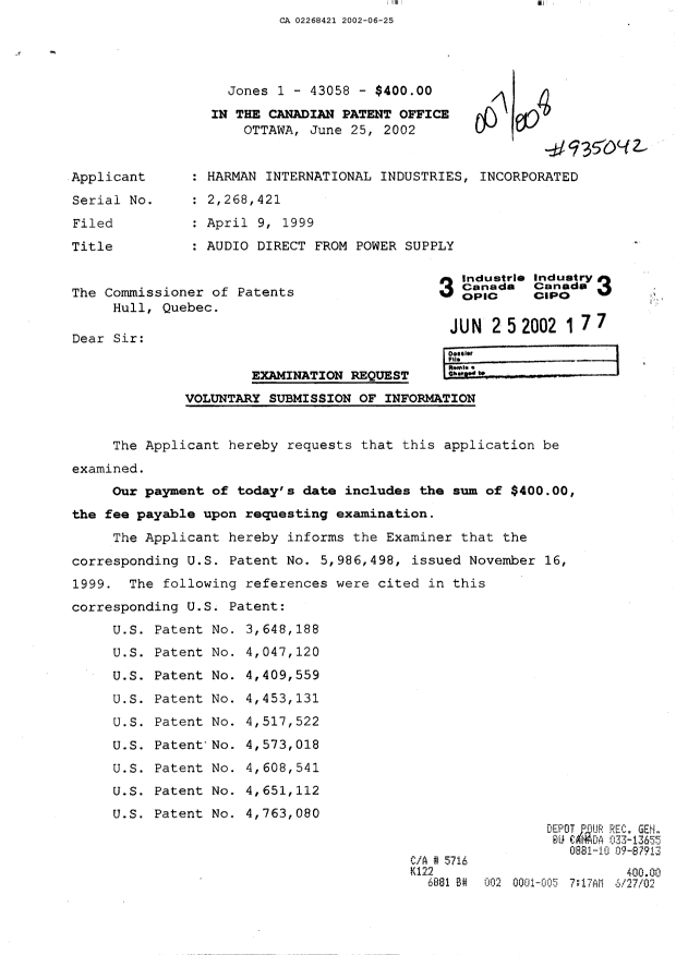 Canadian Patent Document 2268421. Prosecution-Amendment 20011225. Image 1 of 2