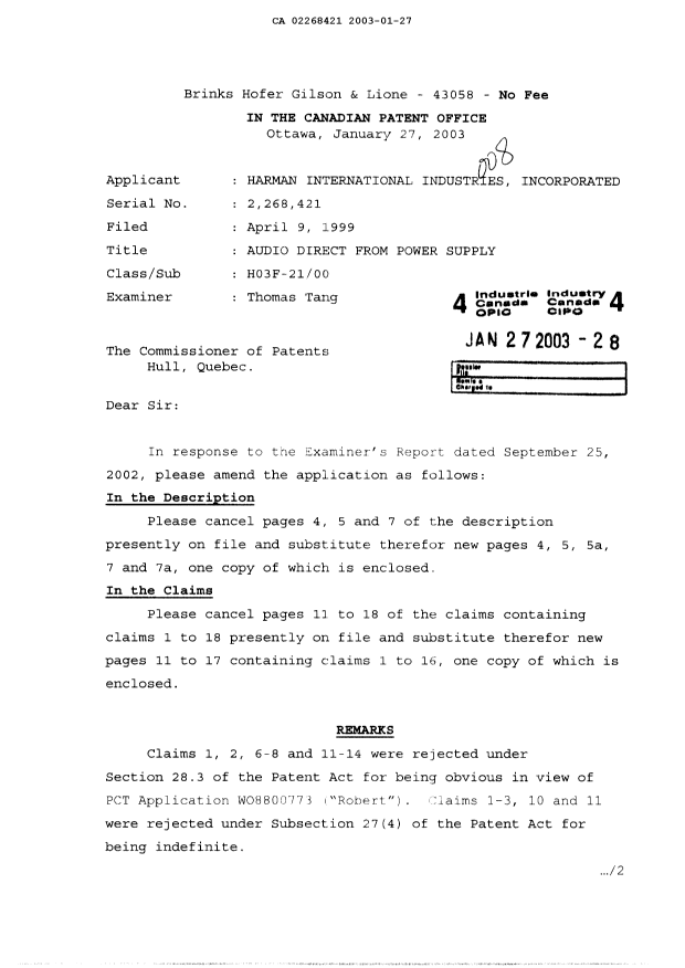 Canadian Patent Document 2268421. Prosecution-Amendment 20021227. Image 1 of 15