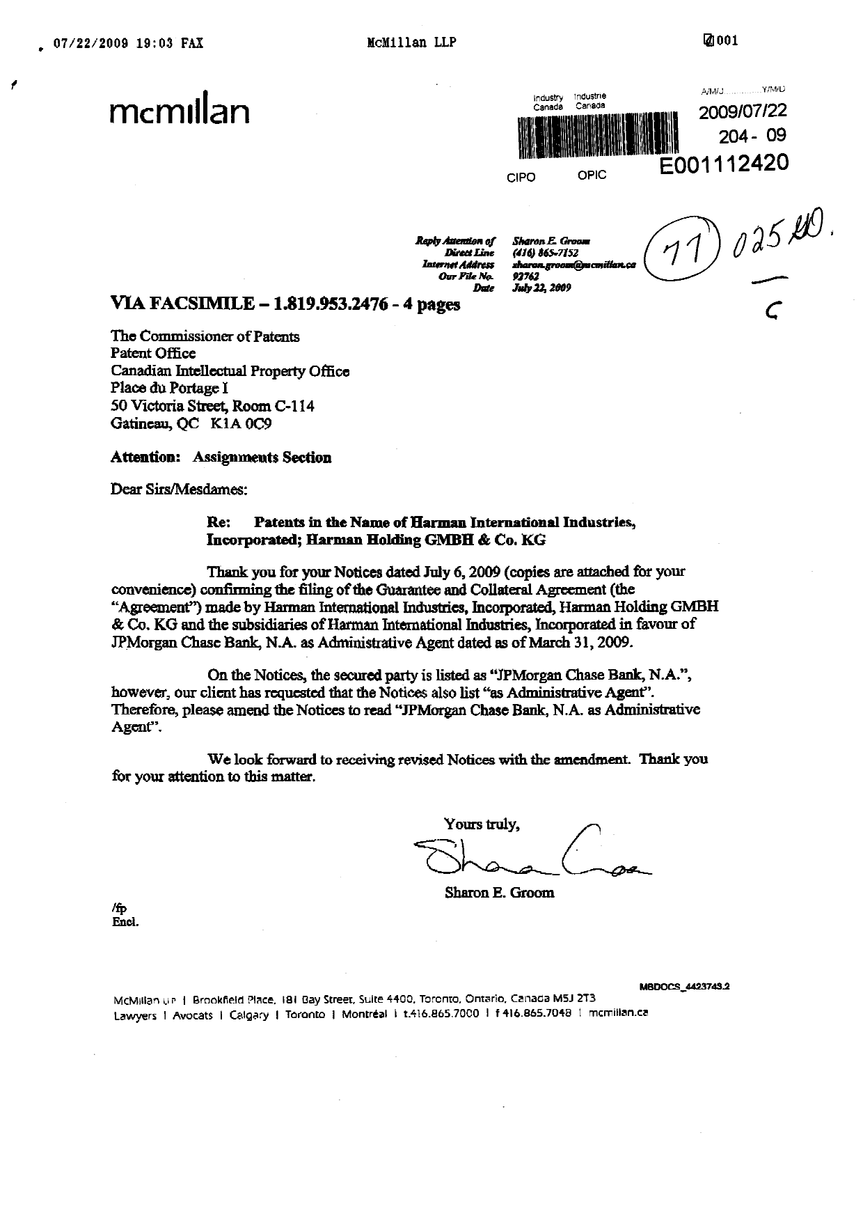 Document de brevet canadien 2268421. Cession 20081222. Image 1 de 4