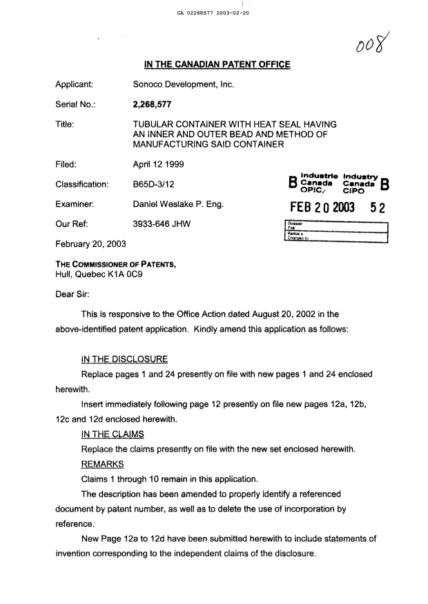 Canadian Patent Document 2268577. Prosecution-Amendment 20021220. Image 1 of 12