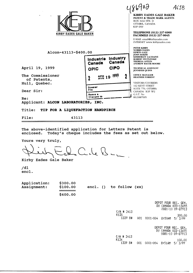Document de brevet canadien 2269264. Cession 19990419. Image 1 de 3