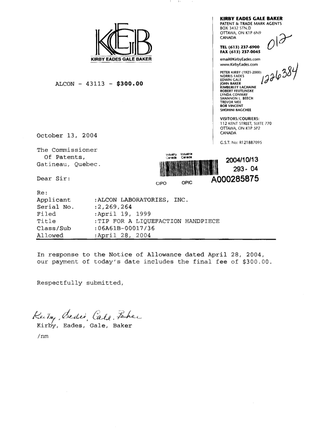 Document de brevet canadien 2269264. Correspondance 20041013. Image 1 de 1