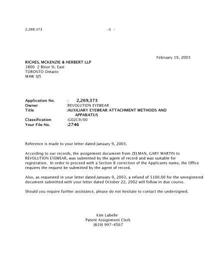Canadian Patent Document 2269373. Correspondence 20030219. Image 1 of 1