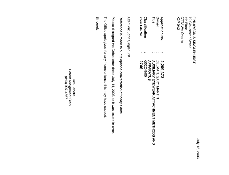 Canadian Patent Document 2269373. Correspondence 20030718. Image 1 of 1