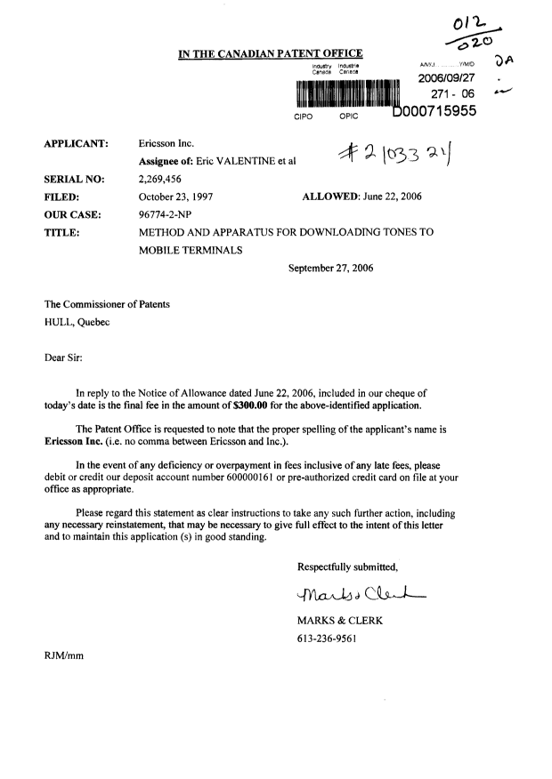 Document de brevet canadien 2269456. Correspondance 20060927. Image 1 de 1
