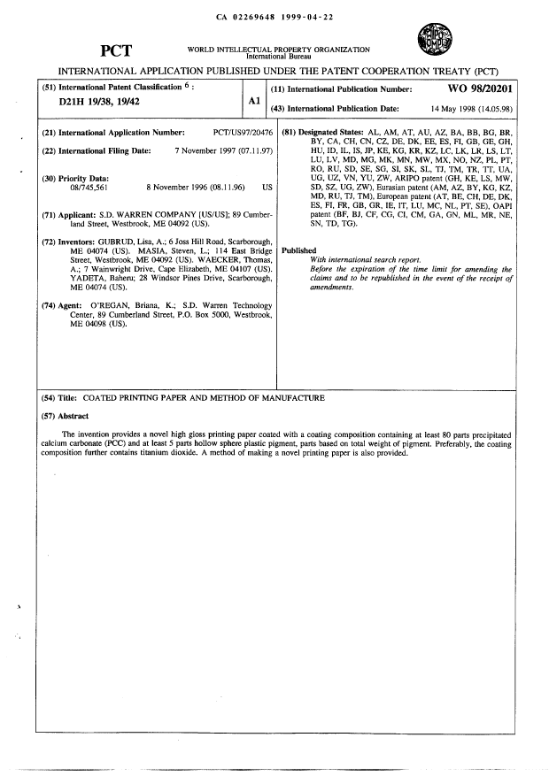 Canadian Patent Document 2269648. Abstract 19990422. Image 1 of 1