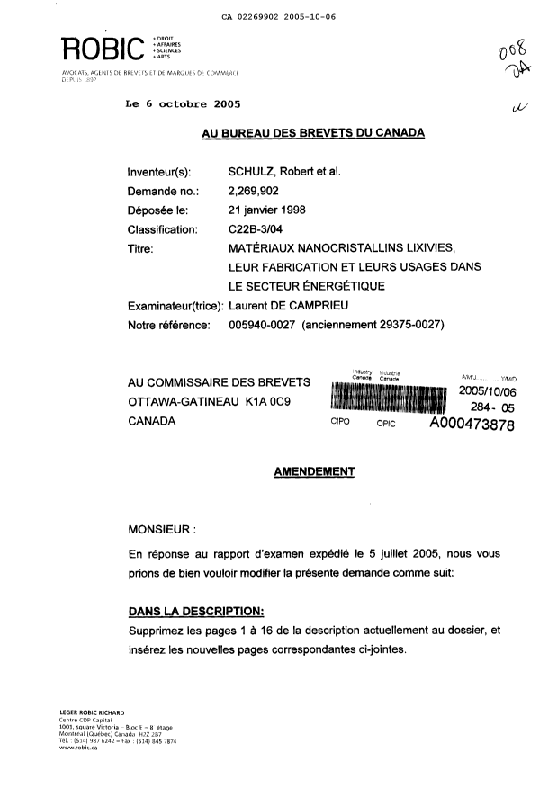 Document de brevet canadien 2269902. Poursuite-Amendment 20051006. Image 1 de 18