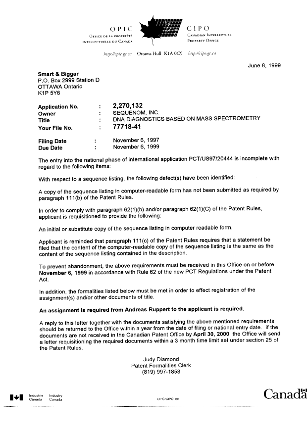 Document de brevet canadien 2270132. Correspondance 19990608. Image 1 de 1