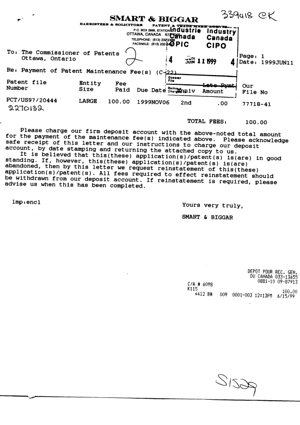 Document de brevet canadien 2270132. Taxes 19990611. Image 1 de 1