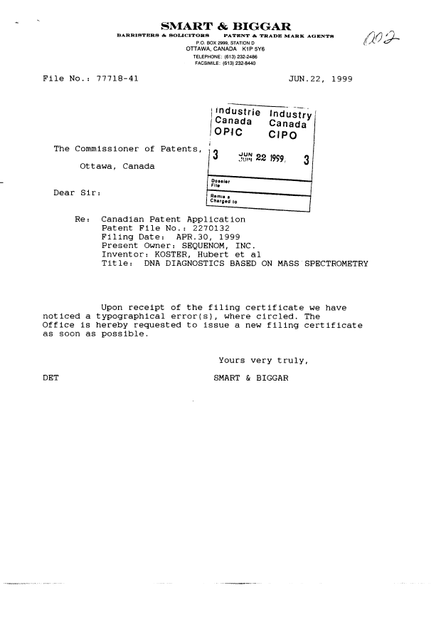 Document de brevet canadien 2270132. Correspondance 19990622. Image 1 de 2