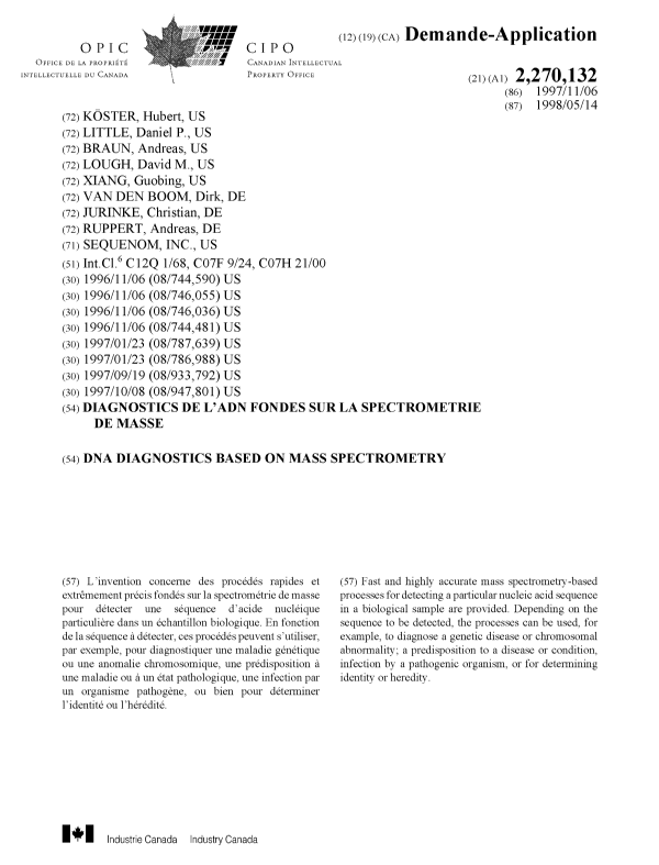 Document de brevet canadien 2270132. Page couverture 19990715. Image 1 de 1
