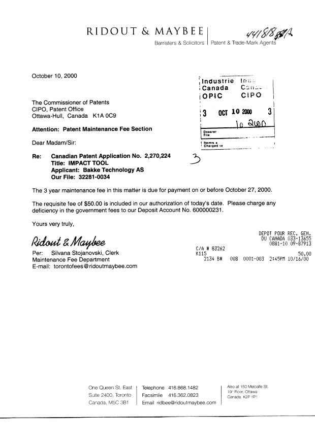 Document de brevet canadien 2270224. Taxes 20001010. Image 1 de 1
