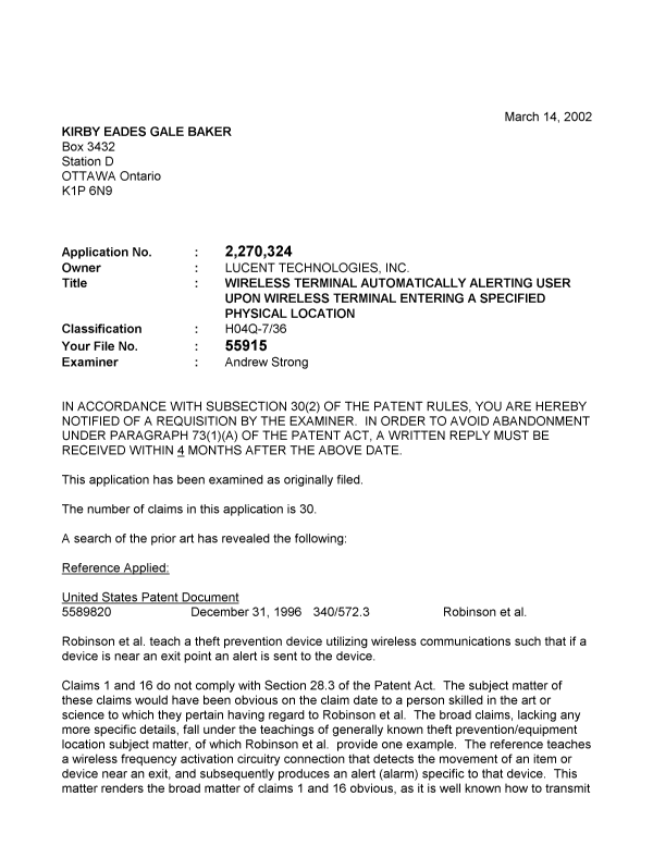 Canadian Patent Document 2270324. Prosecution-Amendment 20020314. Image 1 of 2