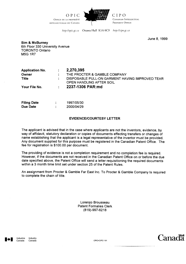 Canadian Patent Document 2270395. Correspondence 19990607. Image 1 of 1