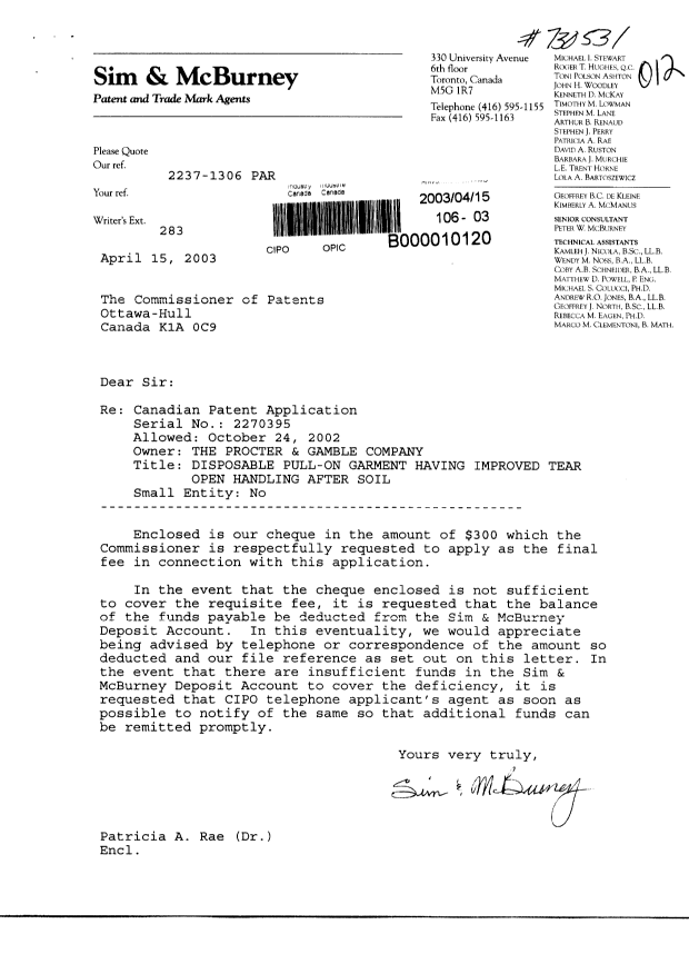 Canadian Patent Document 2270395. Correspondence 20030415. Image 1 of 1