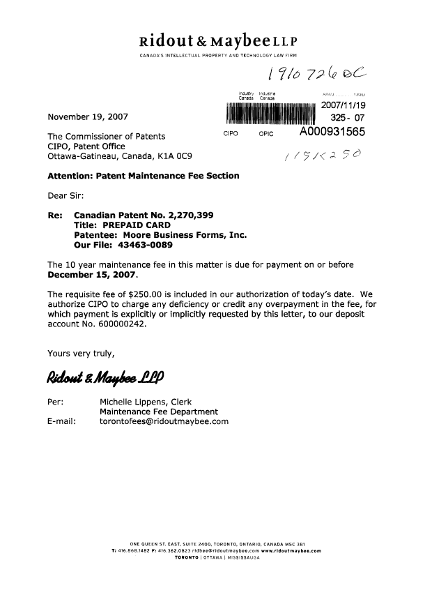 Canadian Patent Document 2270399. Fees 20071119. Image 1 of 1