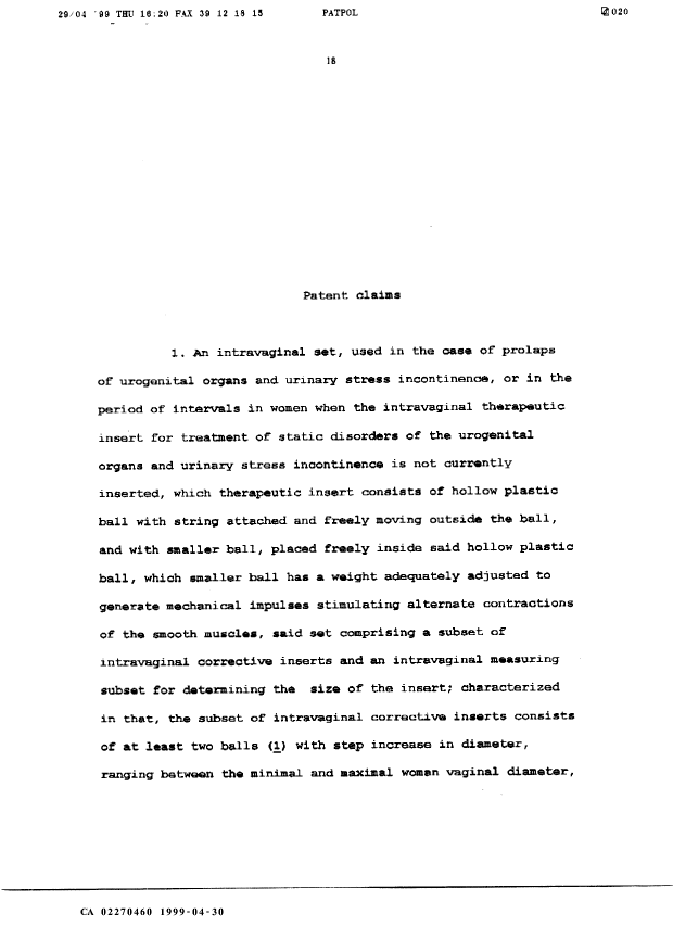 Document de brevet canadien 2270460. Revendications 19990430. Image 1 de 5