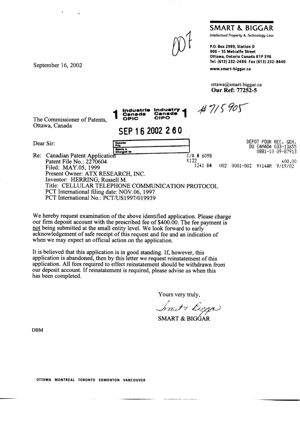 Canadian Patent Document 2270604. Prosecution-Amendment 20020916. Image 1 of 1