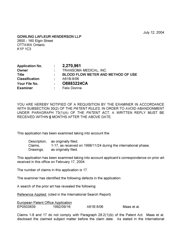 Canadian Patent Document 2270961. Prosecution-Amendment 20040712. Image 1 of 3