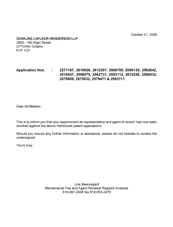Canadian Patent Document 2271167. Correspondence 20081021. Image 1 of 1