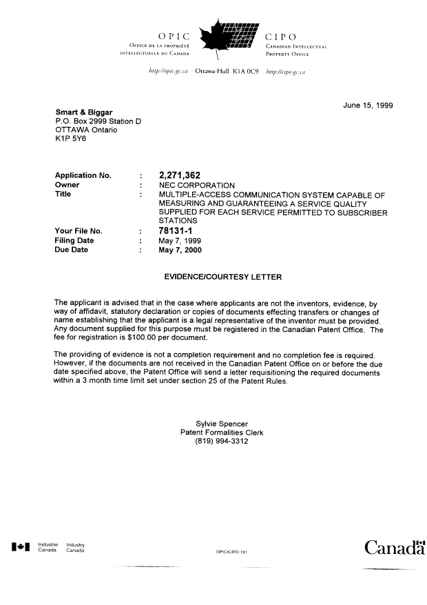 Canadian Patent Document 2271362. Correspondence 19990611. Image 1 of 1