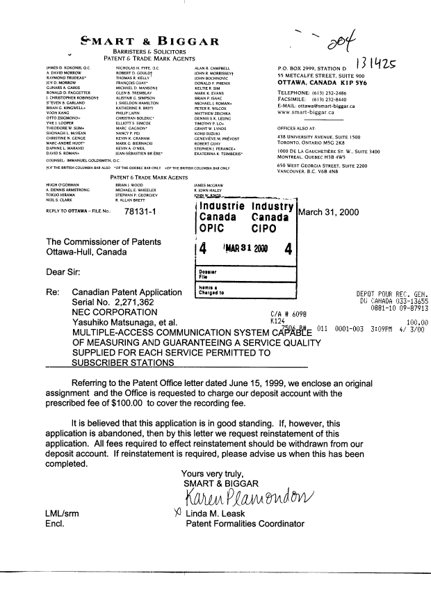 Document de brevet canadien 2271362. Cession 20000331. Image 1 de 2